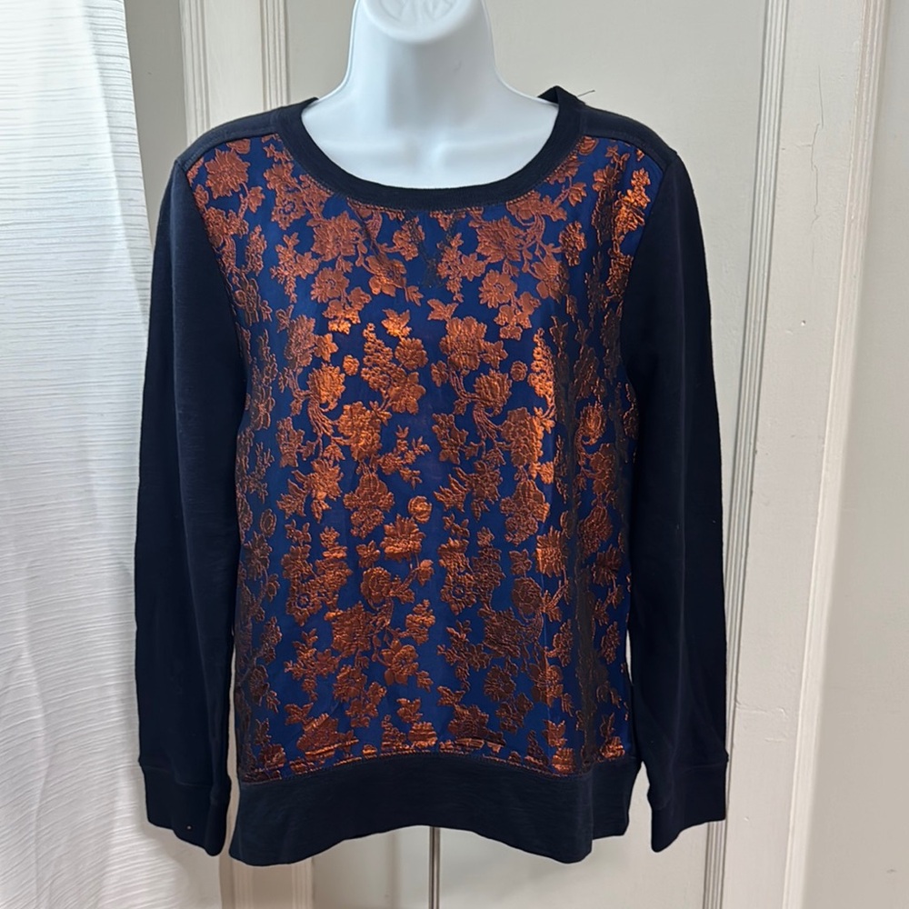 J. Crew Black and Orange Crew Neck Sweater with Ribbed Trim